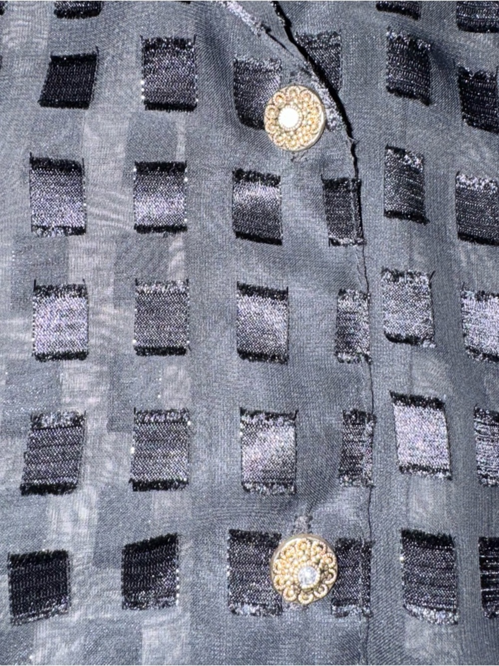 Notations Woman Black Sheer Button Front Blouse Sz S Square Grids Made In USA - Picture 3 of 12
